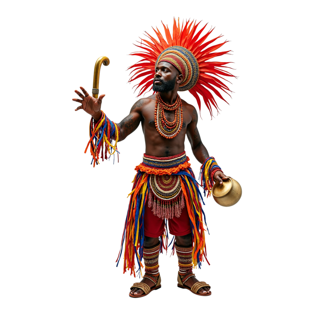 African Man in Vibrant Ceremonial Attire, Feathered Headdress, Holding Golden Scepter and Instrument - Junkanoo 4