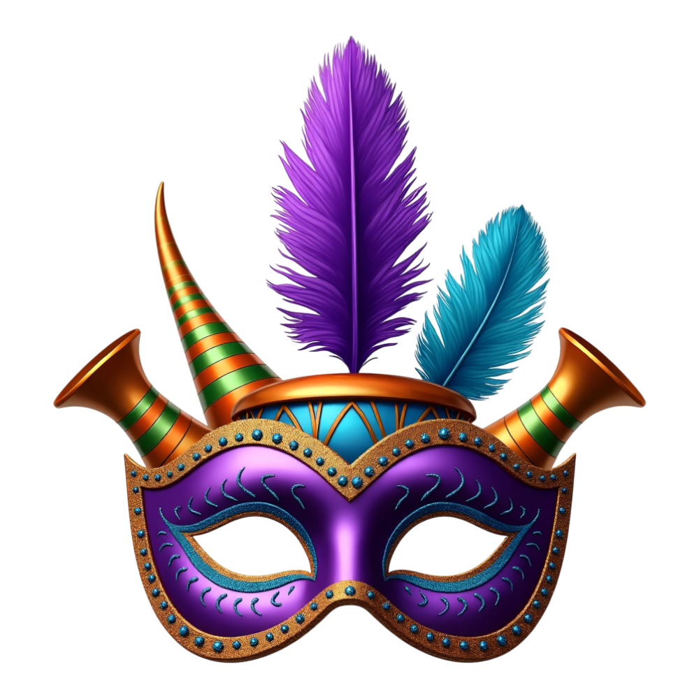 Ornate Mardi Gras Mask with Purple Feathers & Golden Horns, Festive Celebration Element - Junkanoo 5