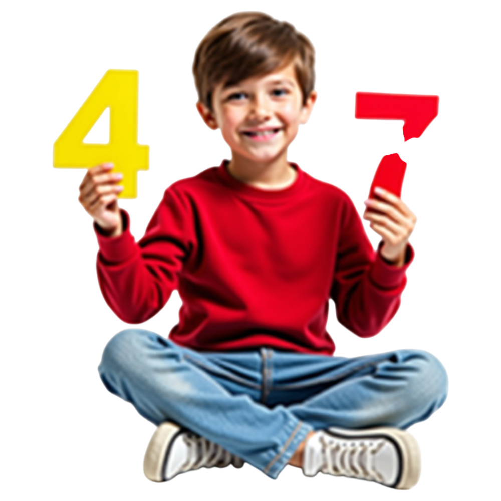 Smiling Boy Holding Numbers 4 and 7 - Early Childhood Education Concept - Mathematics Day 1