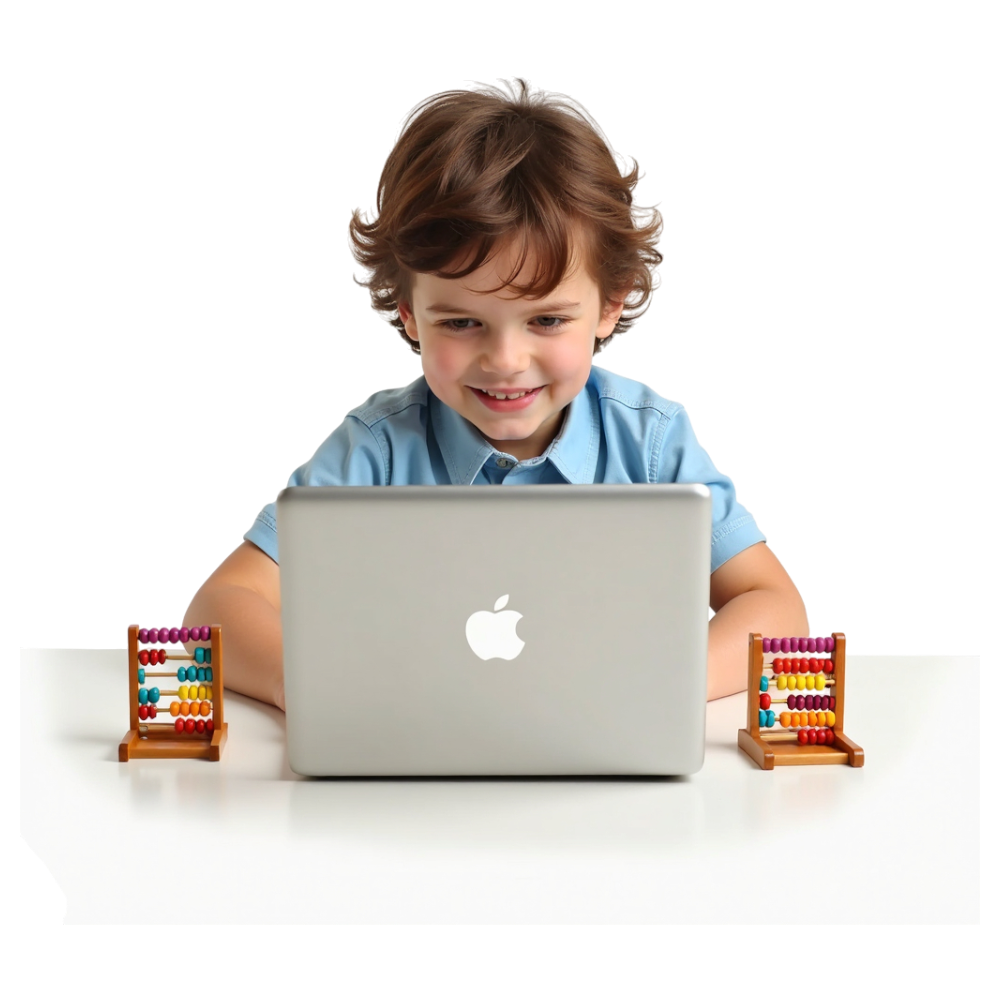 Happy Young Boy Learning with Laptop and Abacuses on White Desk - Mathematics Day 10
