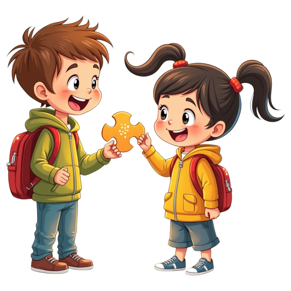 Happy Children Sharing Puzzle Piece, Collaboration & Learning, School Kids Illustration - Mathematics Day 14