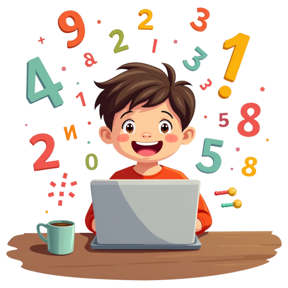 Cheerful Boy Learning Math on Laptop with Numbers - Online Education for Kids - Mathematics Day 17