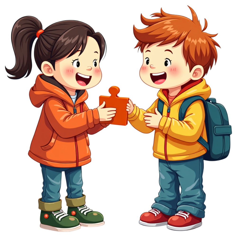 Happy Cartoon Children Sharing Puzzle Piece. Teamwork, Learning, and Collaboration Concept. - Mathematics Day 19