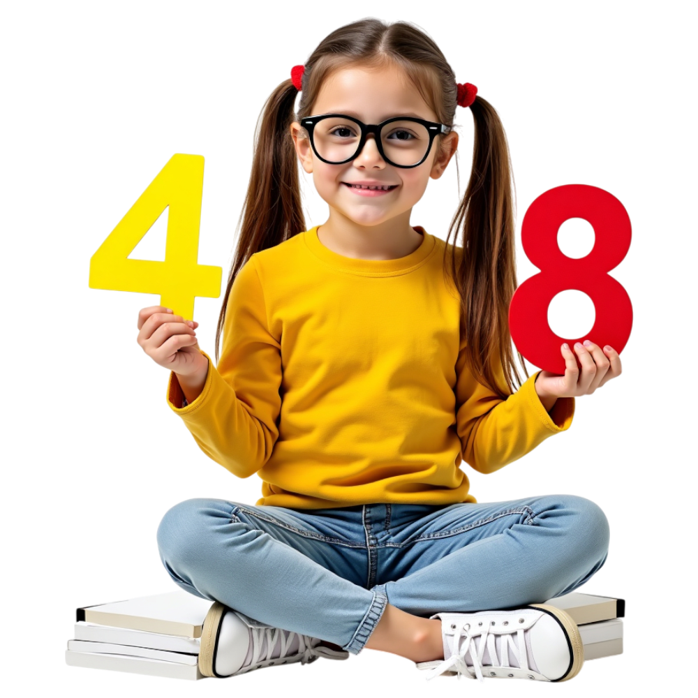 Smiling Schoolgirl Holding Numbers 4 and 8, Sitting on Books. Early Childhood Education & Math Skills. - Mathematics Day 2