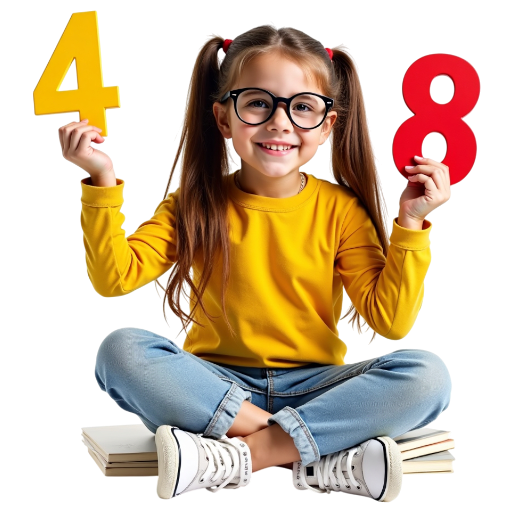 Smiling Young Girl Learning Numbers 4 & 8. Early Childhood Education, Math Concept - Mathematics Day 21