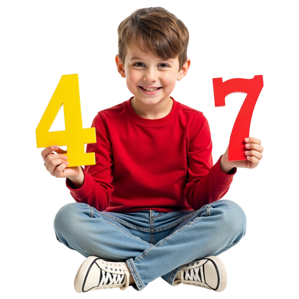 Smiling young boy holds yellow number four and red number seven, sitting cross-legged - Mathematics Day 22