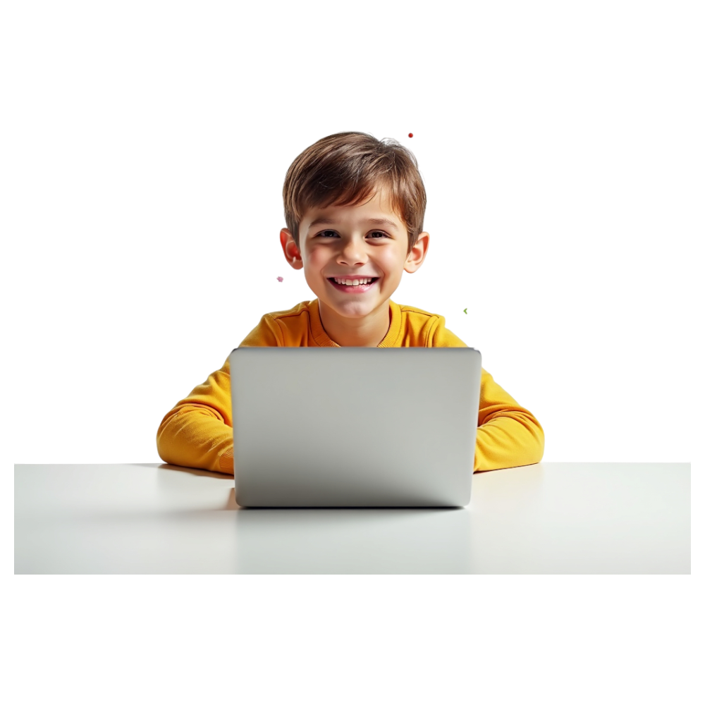 Smiling Boy with Laptop at Desk, Engaging in Digital Learning and Technology - Mathematics Day 24