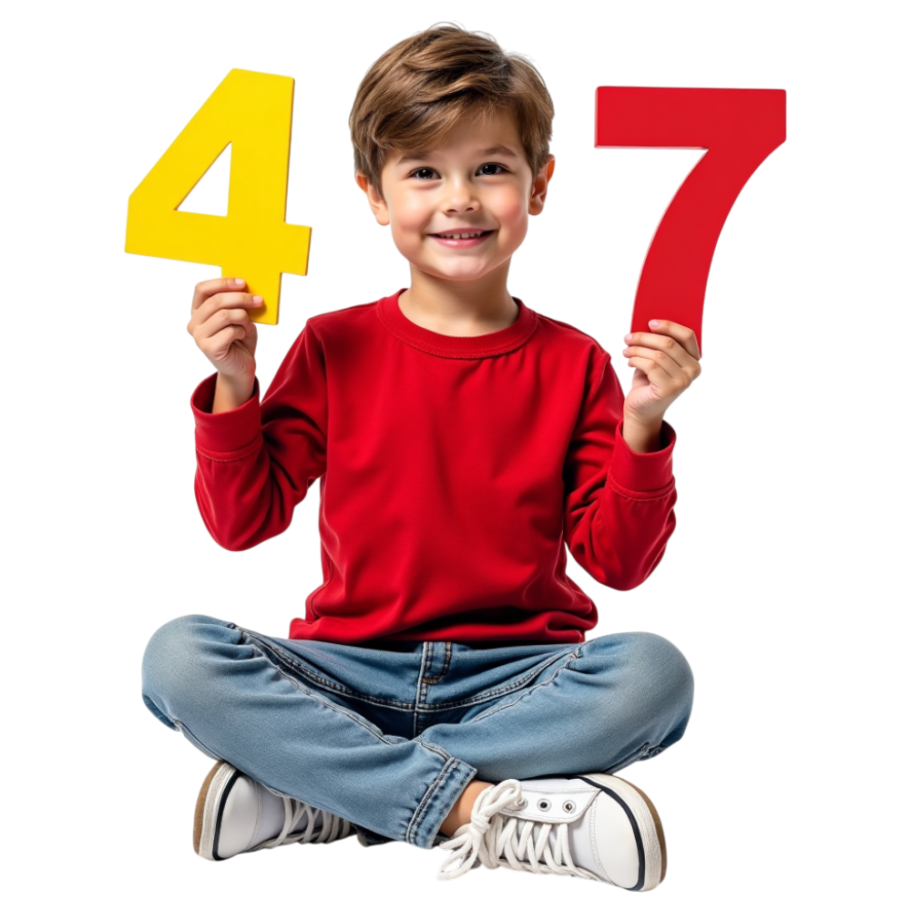 Smiling Young Boy Holding Yellow Four and Red Seven Digits - Mathematics Day 25