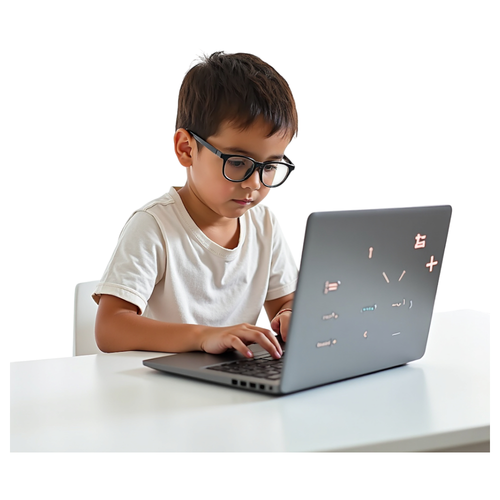 Focused Young Boy Using Laptop for Online Education, Remote Learning, and Digital Literacy Development - Mathematics Day 27