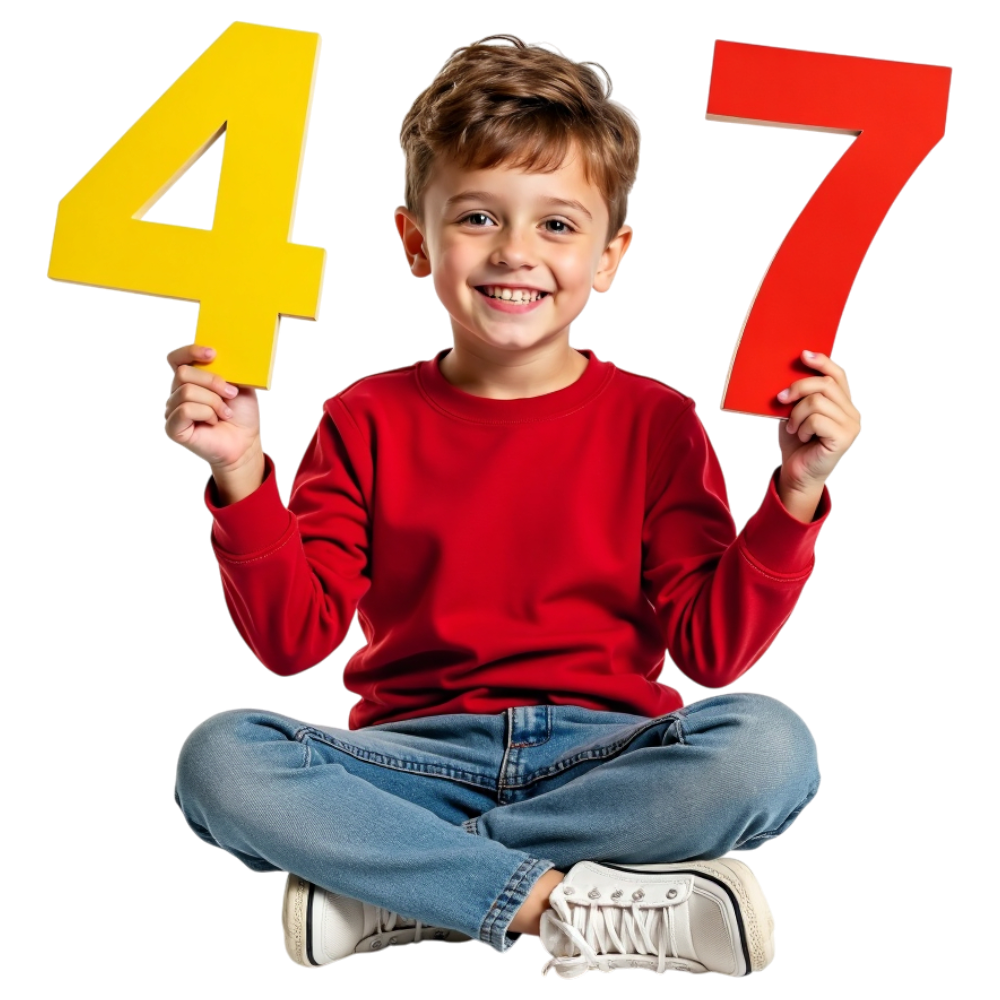 Smiling Boy Holding Numbers 4 and 7 for Childhood Learning - Mathematics Day 29