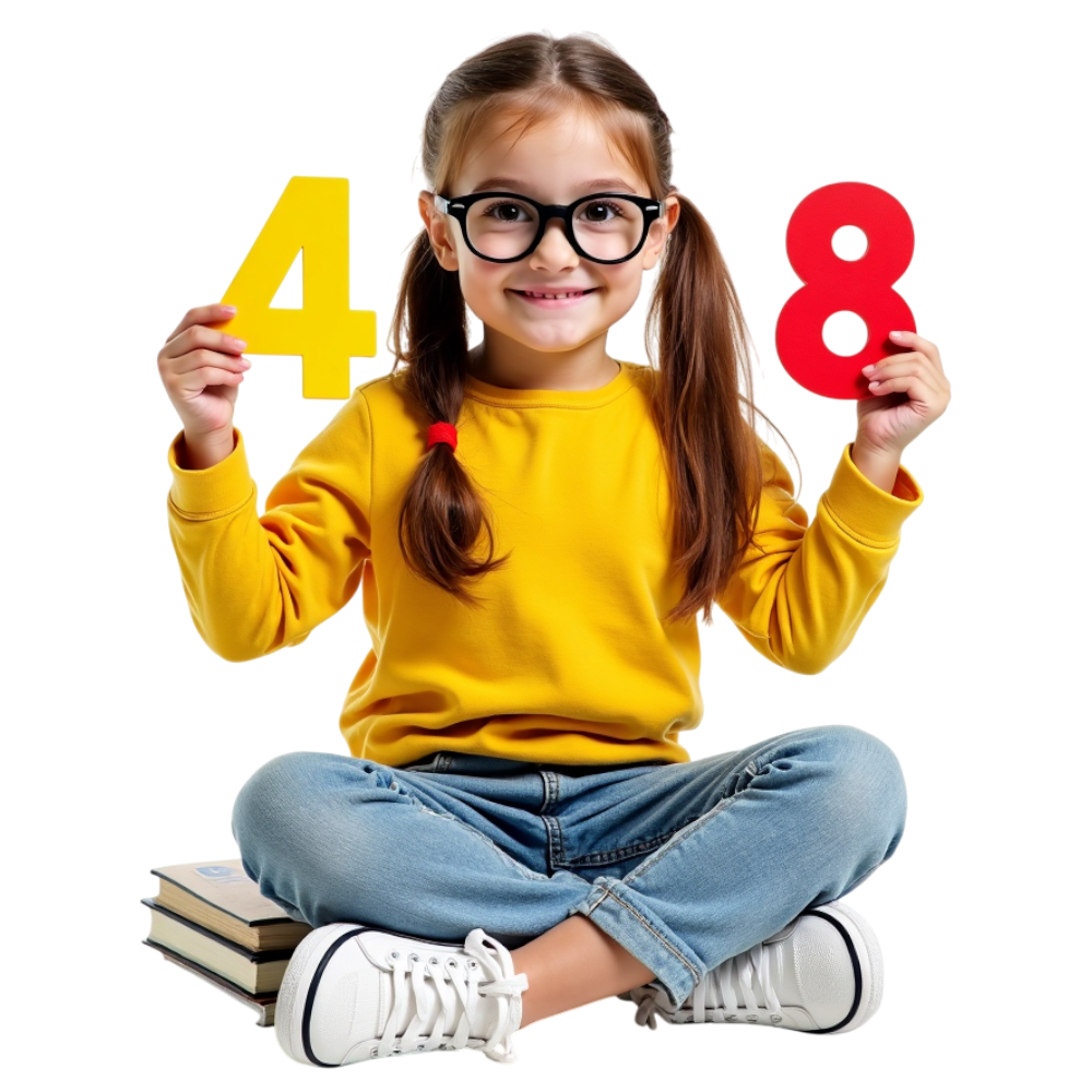 Smiling Child Holding Numbers 4 and 8, Sitting with Books, Concept of Early Education & Learning - Mathematics Day 3
