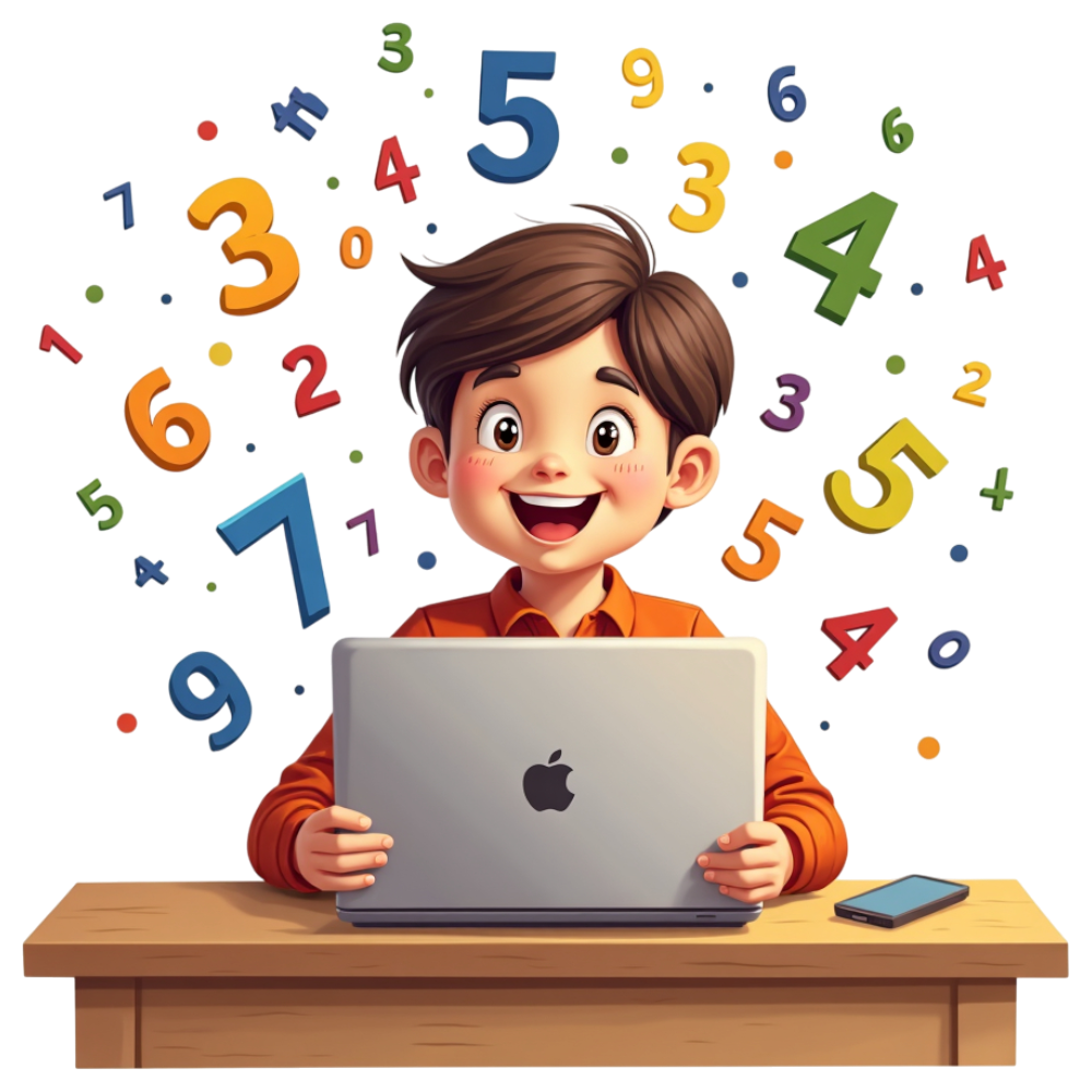 Digital learning joy: Smiling child with laptop, math figures floating around - Mathematics Day 6