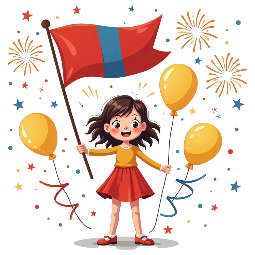 Smiling Cartoon Girl Holding National Flag and Balloons Amidst Celebration - Mongolia Independence Day 12