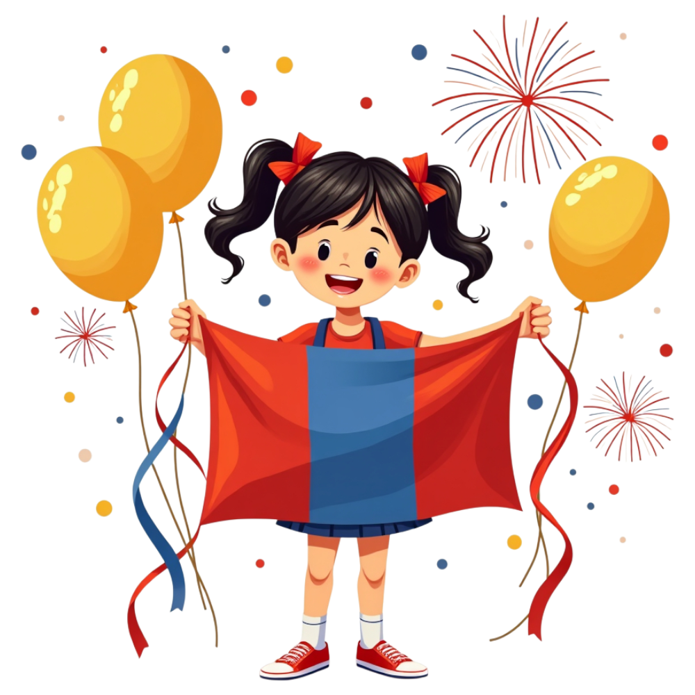 Happy girl holding Mongolian flag with balloons and fireworks, celebrating national pride - Mongolia Independence Day 19