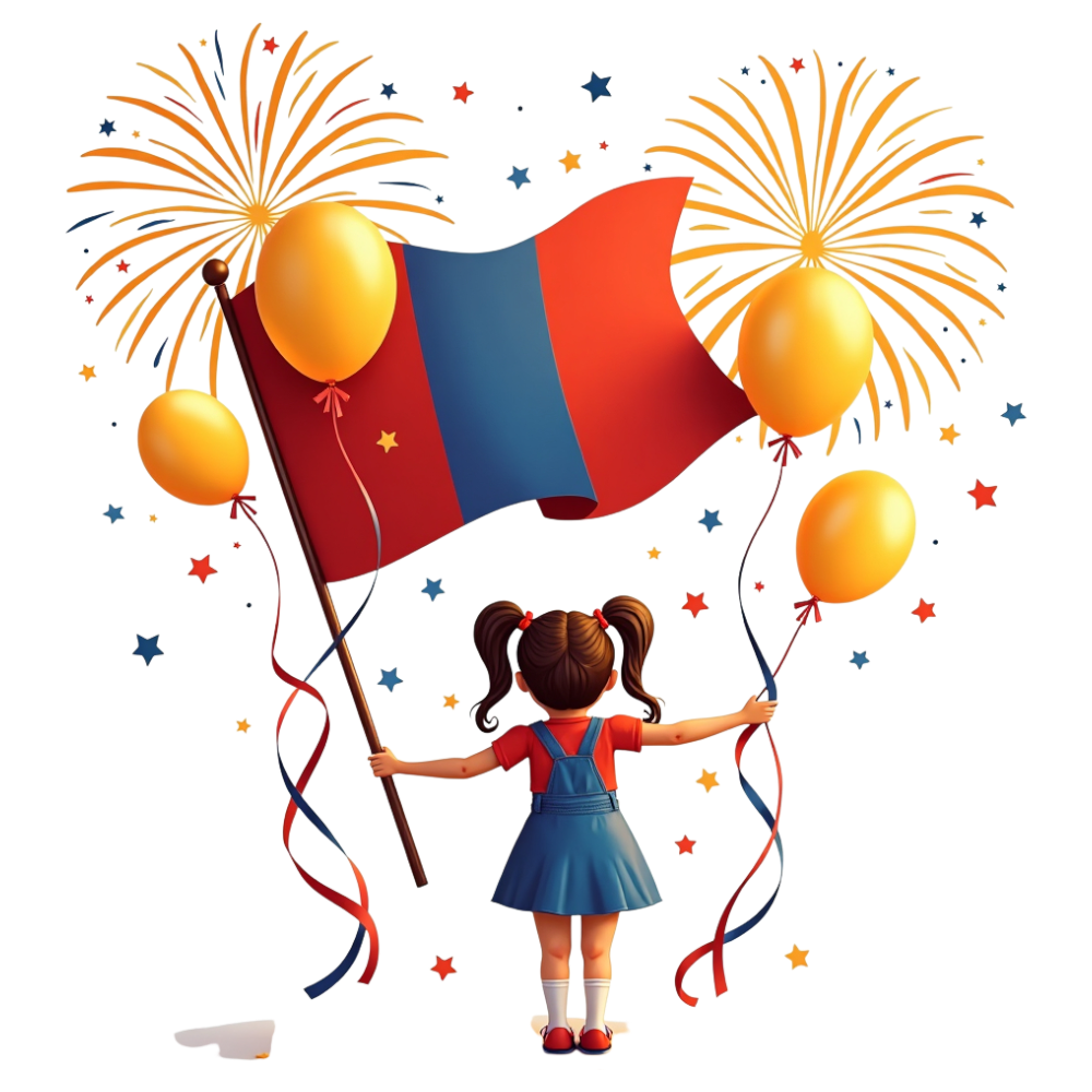 Child with Mongolian flag, balloons, and fireworks celebrating national holiday - Mongolia Independence Day 21