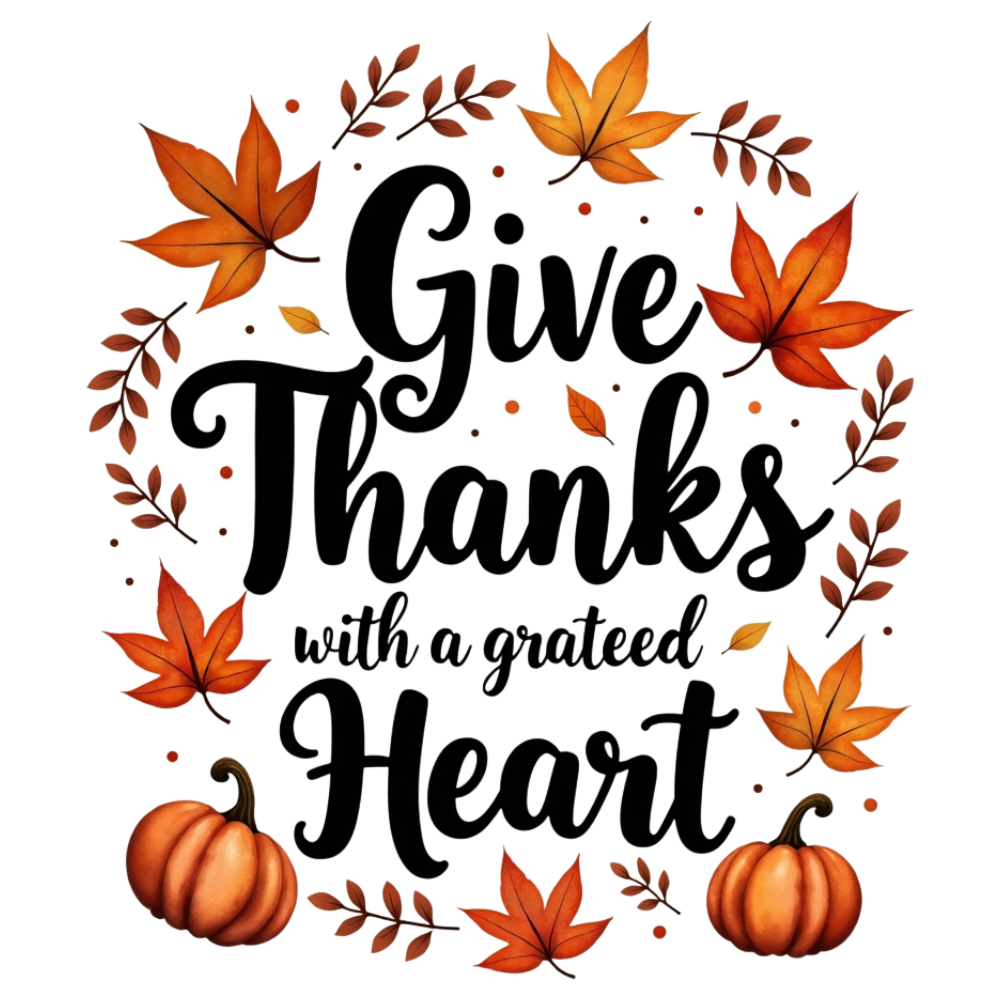 Thanksgiving Greeting: Give Thanks with Grateful Heart - Autumn Leaves, Pumpkins Lettering - Month Of Giving 2