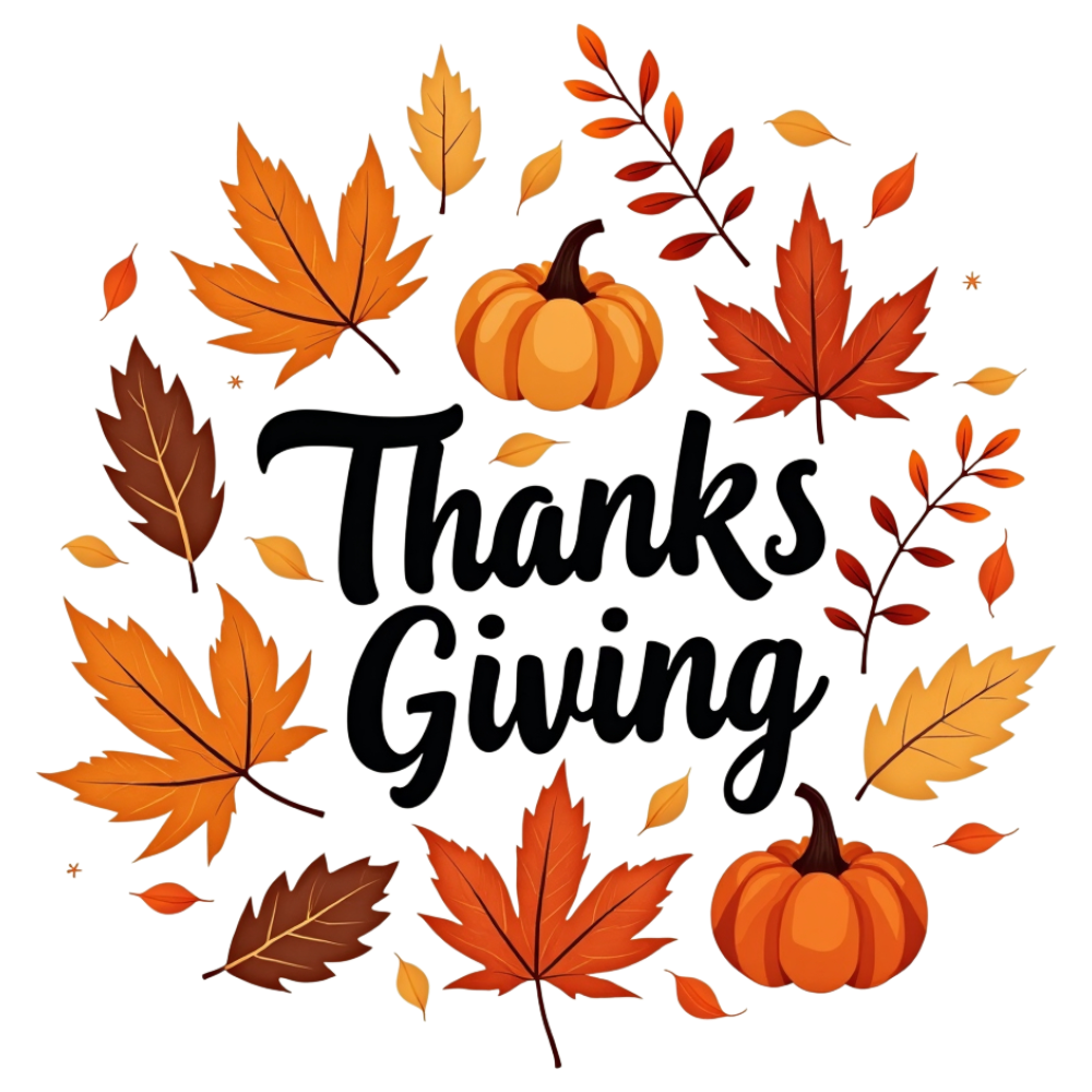 Thanksgiving Calligraphy Surrounded by Autumn Leaves and Pumpkins on Black - Month Of Giving 23 1