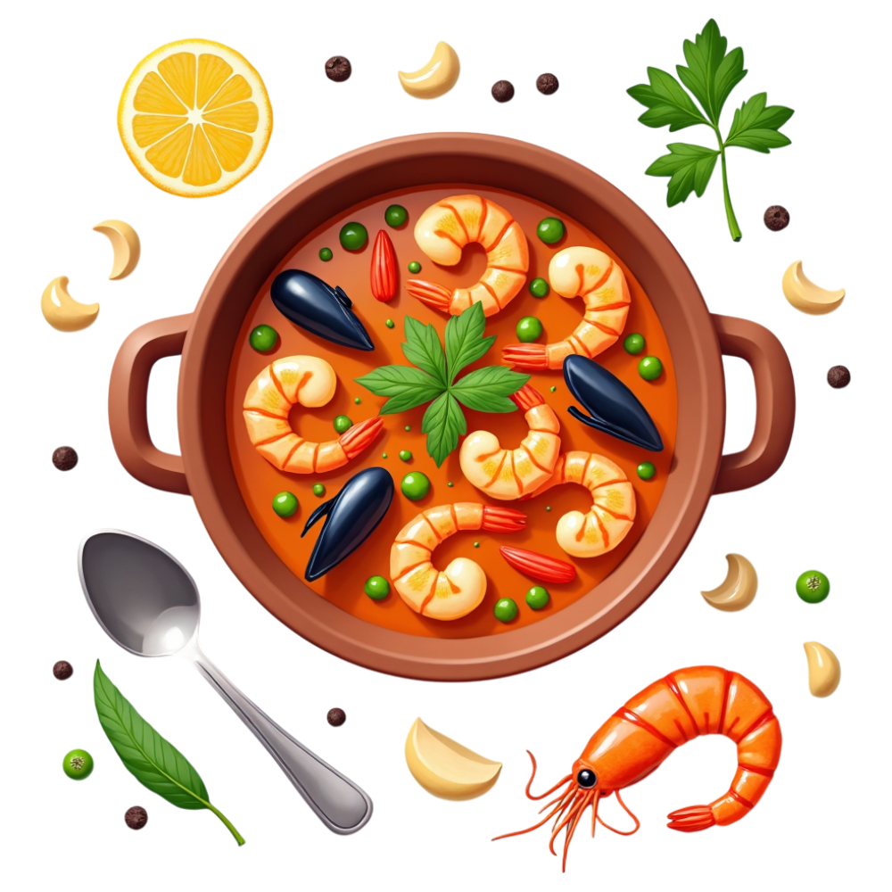 Seafood Stew Bowl with Shrimp, Mussels, Lemon, and Spices, Top View - National Bouillabaisse Day 14