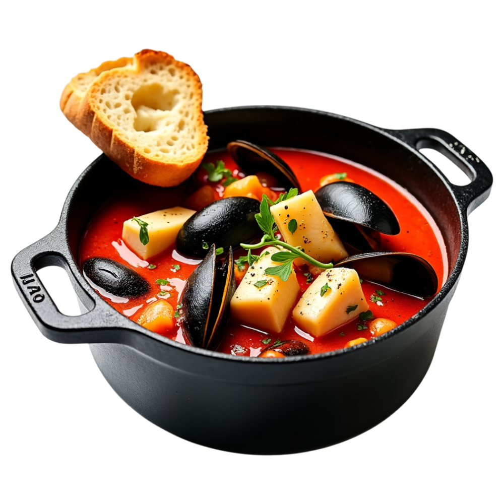 Gourmet Mussels & Seafood Stew in Cast Iron Pot. Rich Tomato Broth, Cheese, Crusty Bread. - National Bouillabaisse Day 16