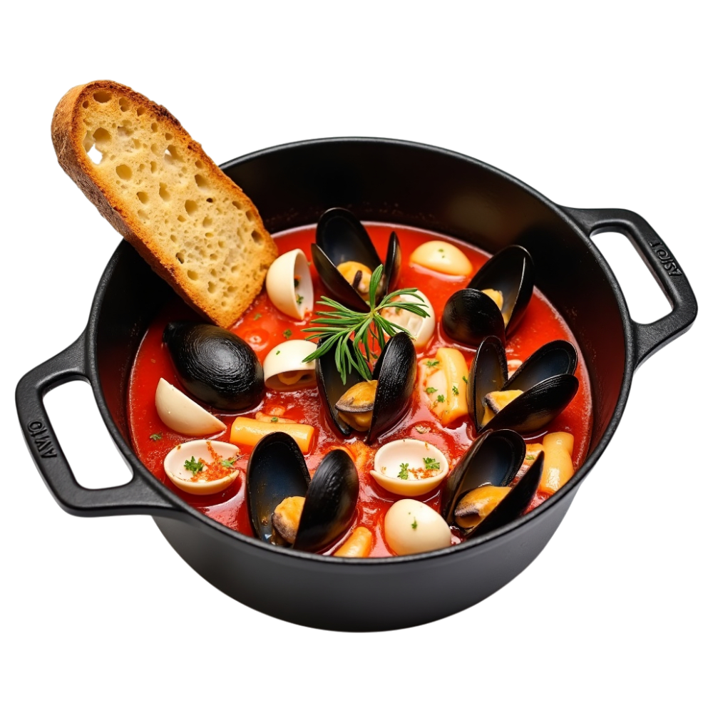 Rustic Seafood Pot with Mussels, Clams, and Artisan Bread in Rich Tomato Broth - National Bouillabaisse Day 17