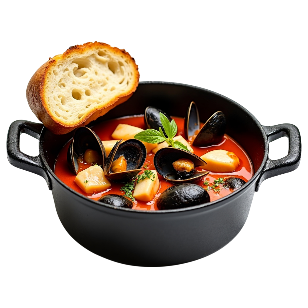 Gourmet Mussels and Scallops Seafood Stew with Crusty Bread. Fine Dining Cuisine - National Bouillabaisse Day 18