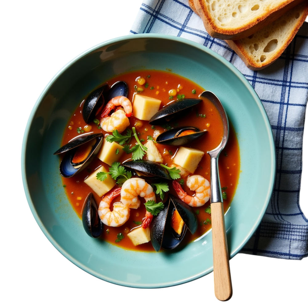 Gourmet Seafood Stew with Mussels, Shrimp, Diced Vegetables, and Rustic Bread - National Bouillabaisse Day 2