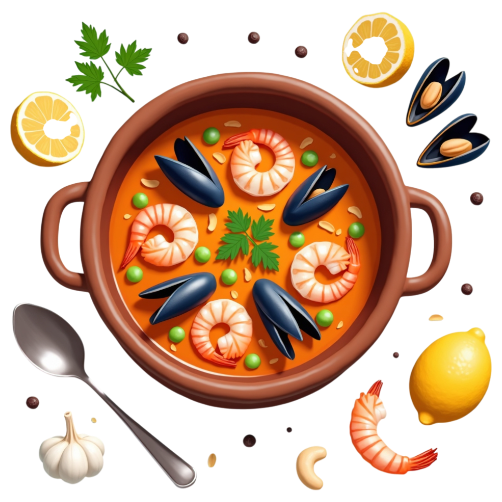 Rich Seafood Stew Pot with Shrimp, Mussels, Lemon, Garlic & Peas. Overhead Culinary View. - National Bouillabaisse Day 20