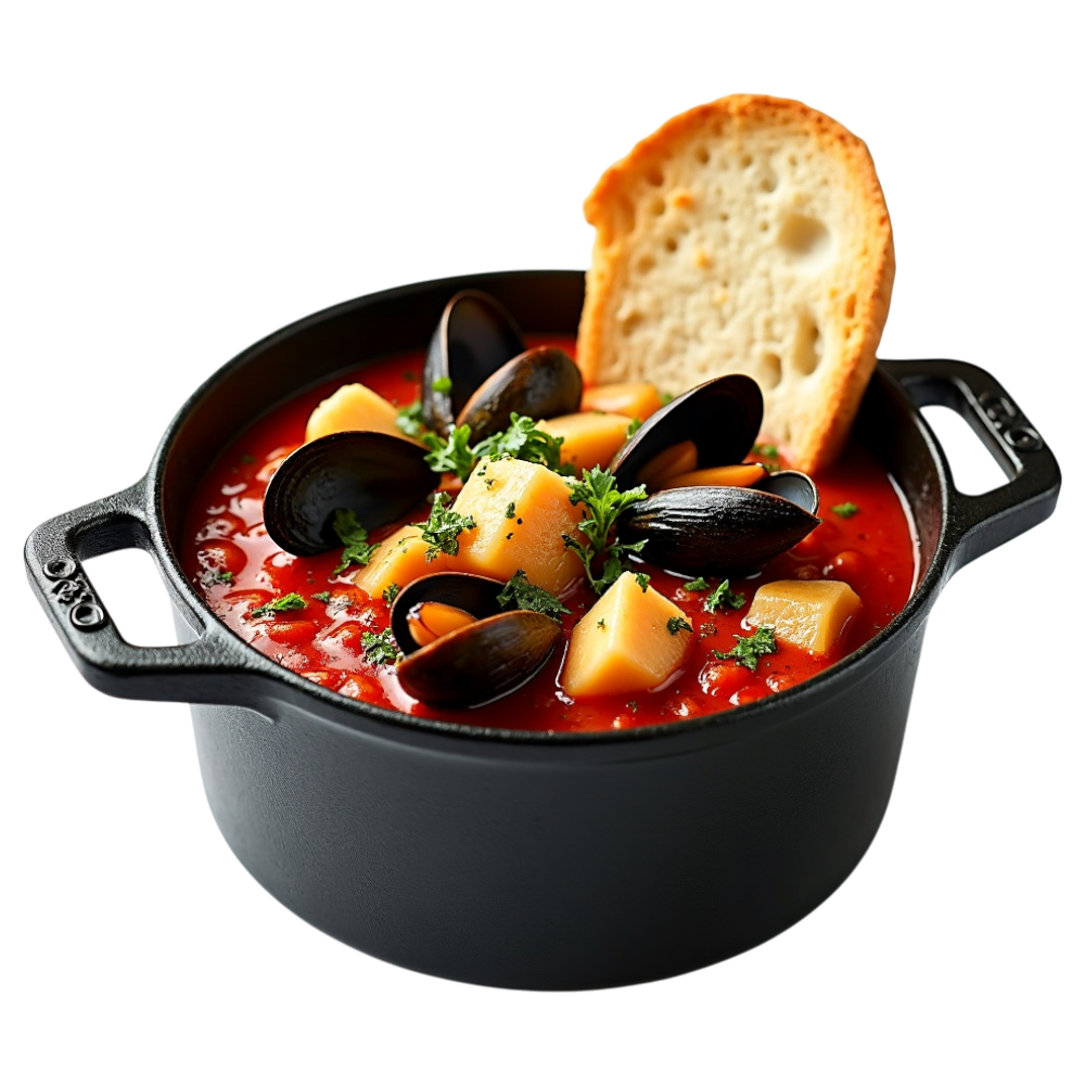Seafood Stew with Mussels, Potatoes, and Crusty Bread in a Cast Iron Pot - National Bouillabaisse Day 4