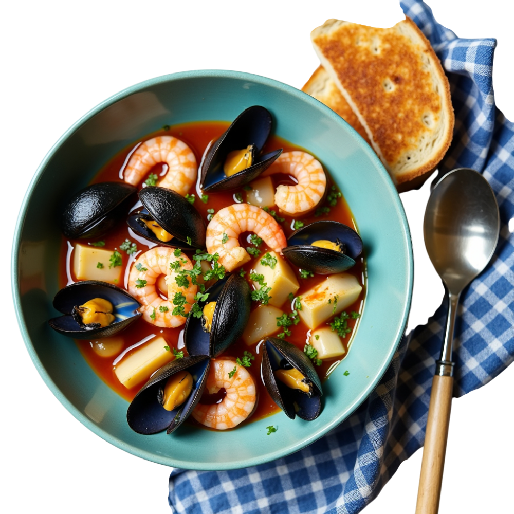 Vibrant Seafood Stew with Mussels, Shrimp, and Hearty Broth, Garnished with Parsley and Toasted Bread - National Bouillabaisse Day 5