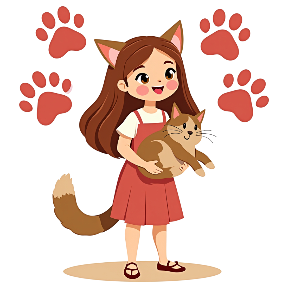 Little Girl with Cat Features Holding Pet & Surrounded by Paw Prints - Playful Illustration - National Cat Lovers Month 13