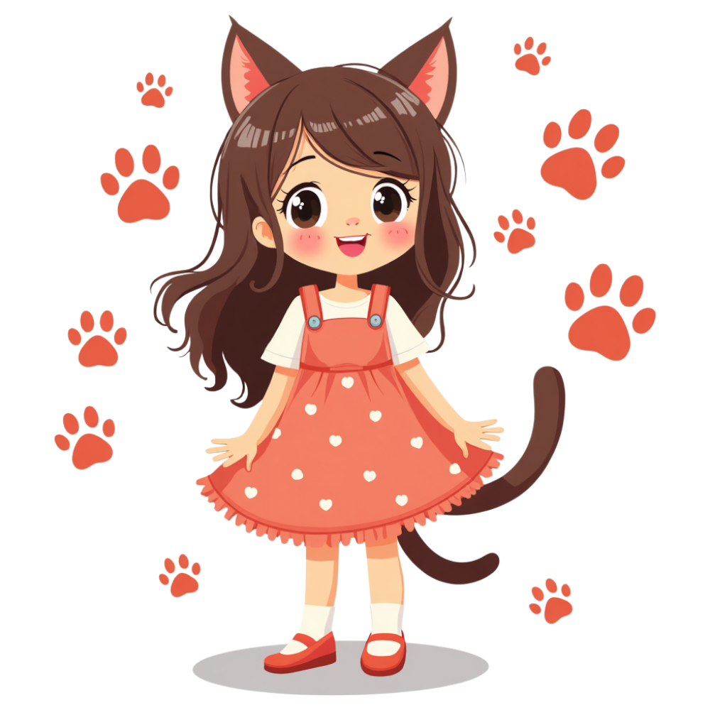 Happy Cartoon Girl with Cat Ears and Tail. Smiling Child Character Illustration with Paw Prints. - National Cat Lovers Month 14