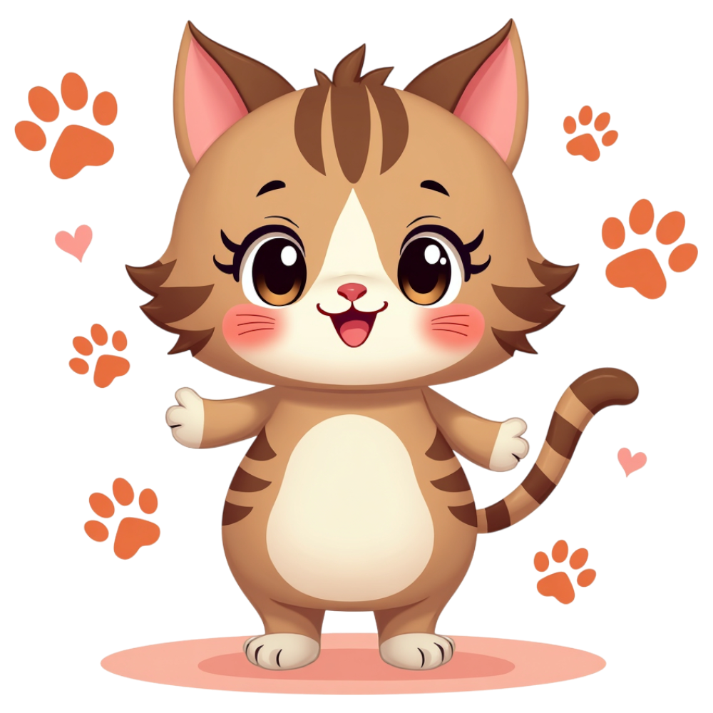 Happy Illustrated Feline Character with Paw Prints and Hearts. Cartoon Pet for Children's Designs. - National Cat Lovers Month 2