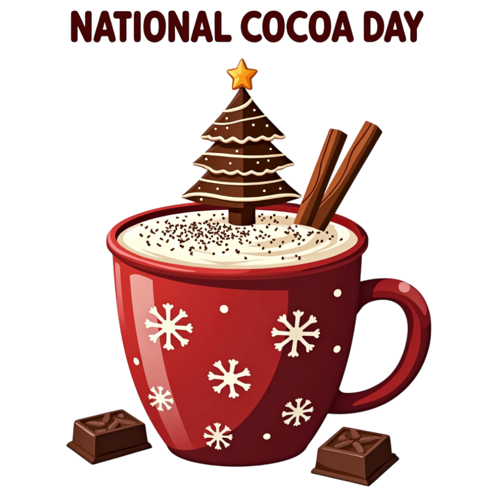 National Cocoa Day Festive Mug with Hot Chocolate, Whipped Cream, Chocolate Tree, Cinnamon, and Sweets - National Cocoa Day 19