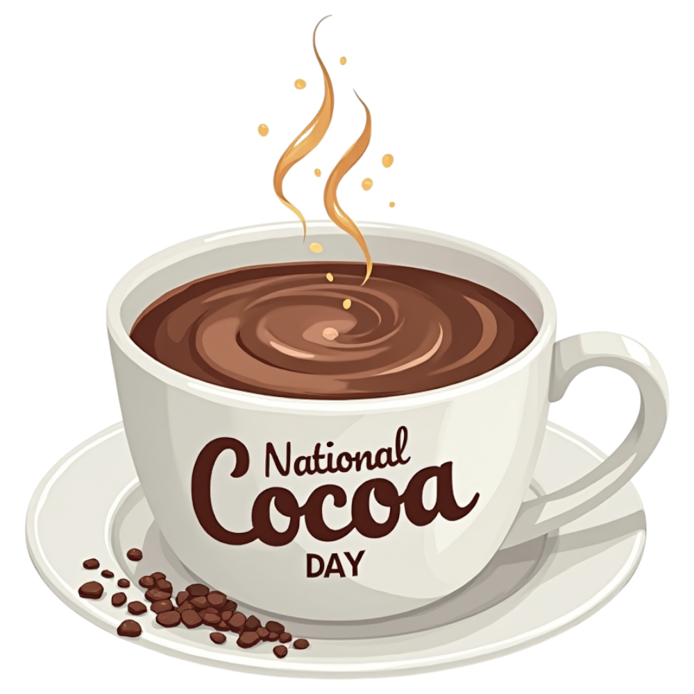National Cocoa Day Celebration with Steaming Hot Chocolate Mug, Saucer, and Cocoa Beans - National Cocoa Day 4