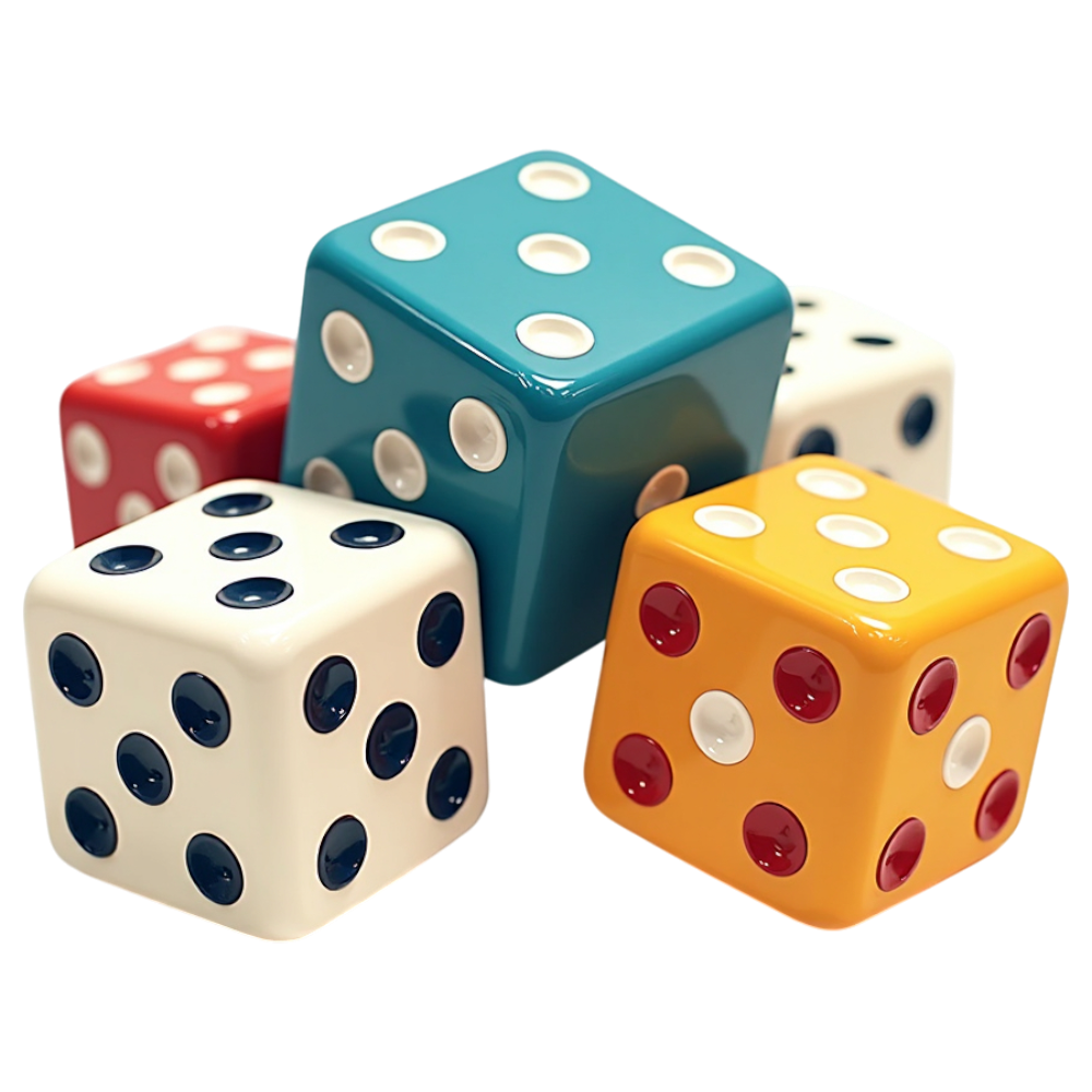 Vibrant Game Dice Pile: Red, Teal, White, Yellow Cubes Isolated on Black for Luck & Gaming - National Dice Day 13