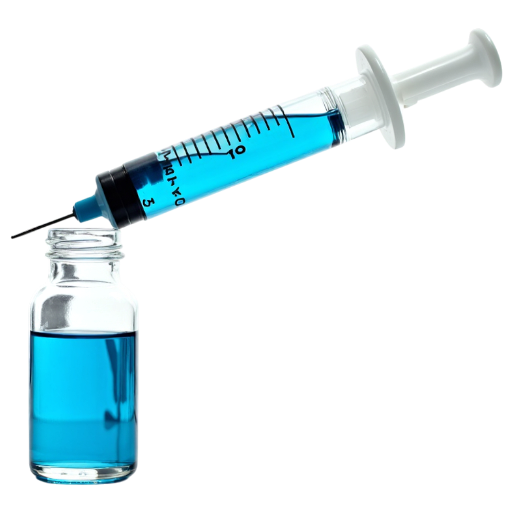 Medical Syringe & Vial with Blue Solution. Health, Pharmaceutical, & Science Concept. - National Influenza Vaccination Week 13
