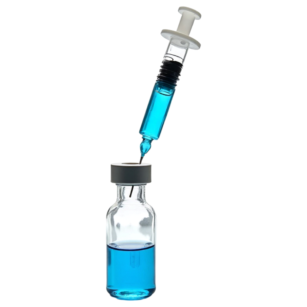 Syringe Drawing Blue Liquid from Vial, Medical Health Care Concept - National Influenza Vaccination Week 16