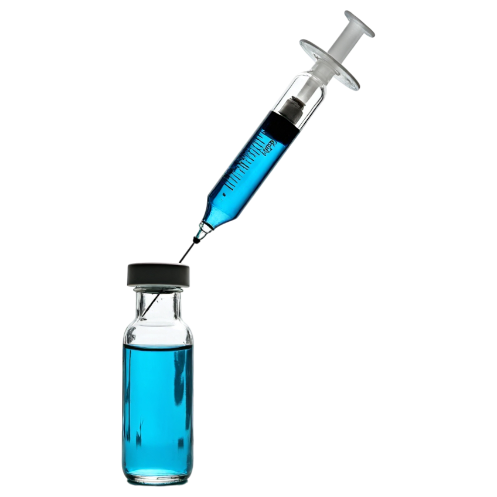 Syringe extracting blue liquid from a medical vial - National Influenza Vaccination Week 2