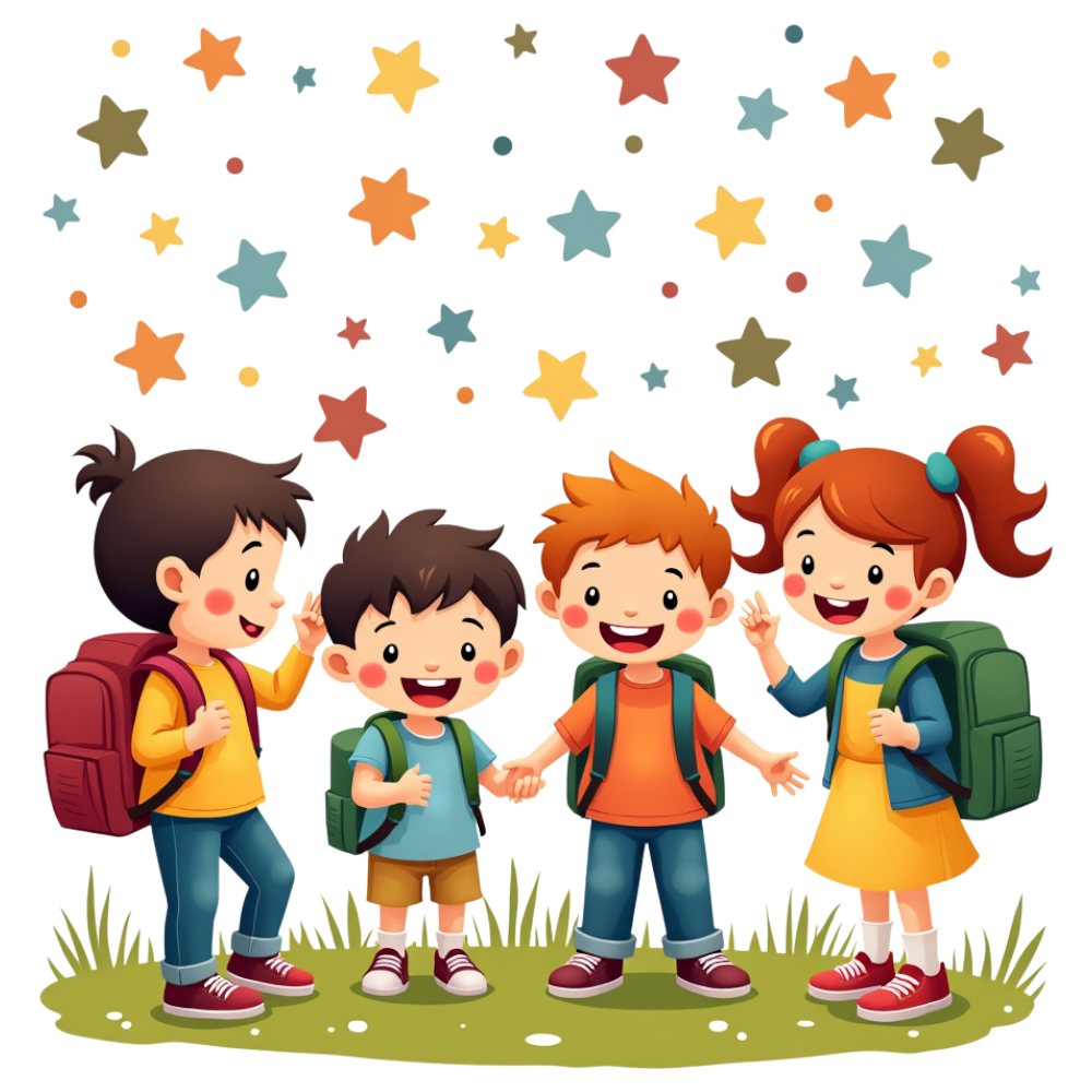 Cheerful Young Students with Backpacks Under Colorful Stars - National Skip School Day 11