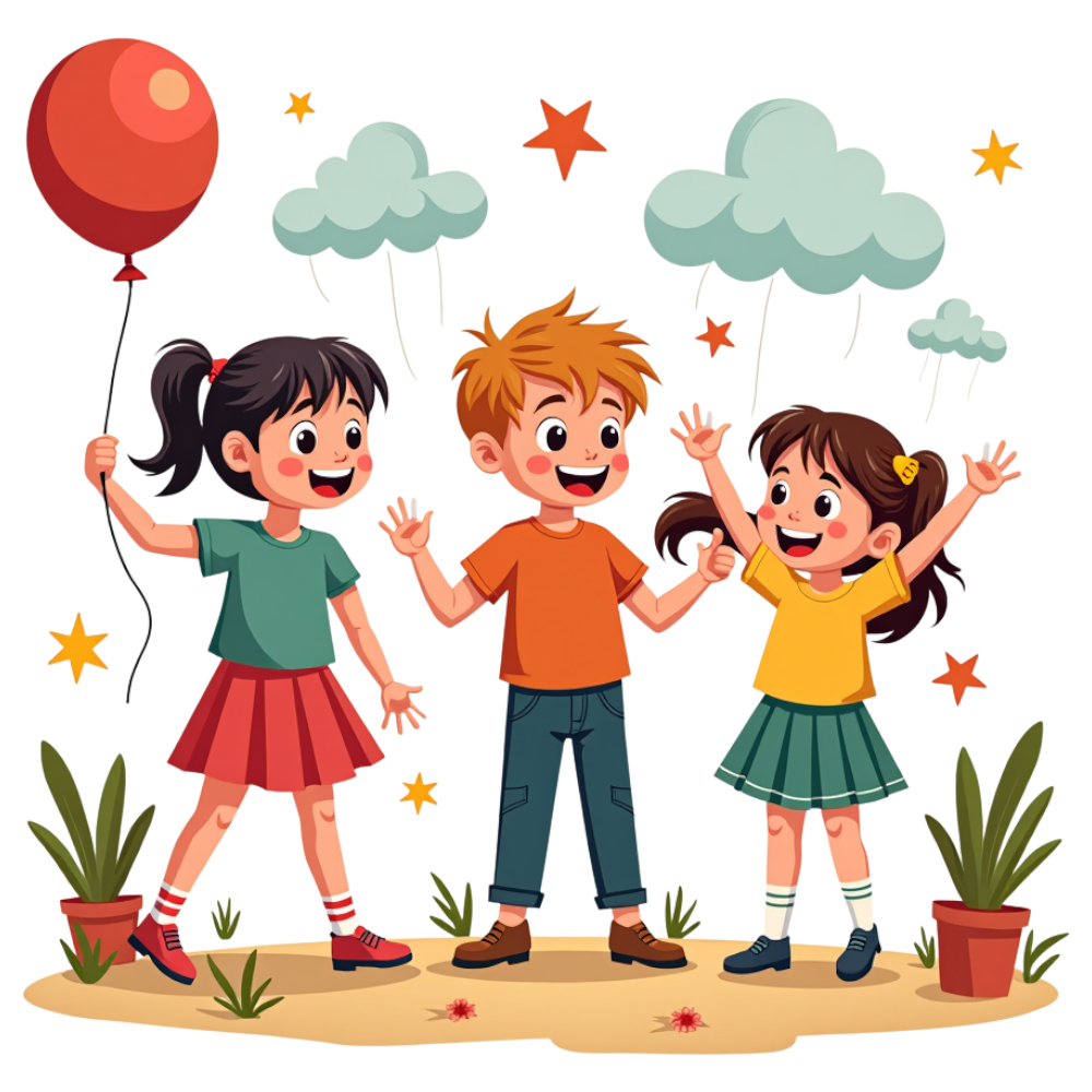 Happy Children Playing Outdoors, Joyful Kids Celebration with Balloon and Stars - National Skip School Day 24