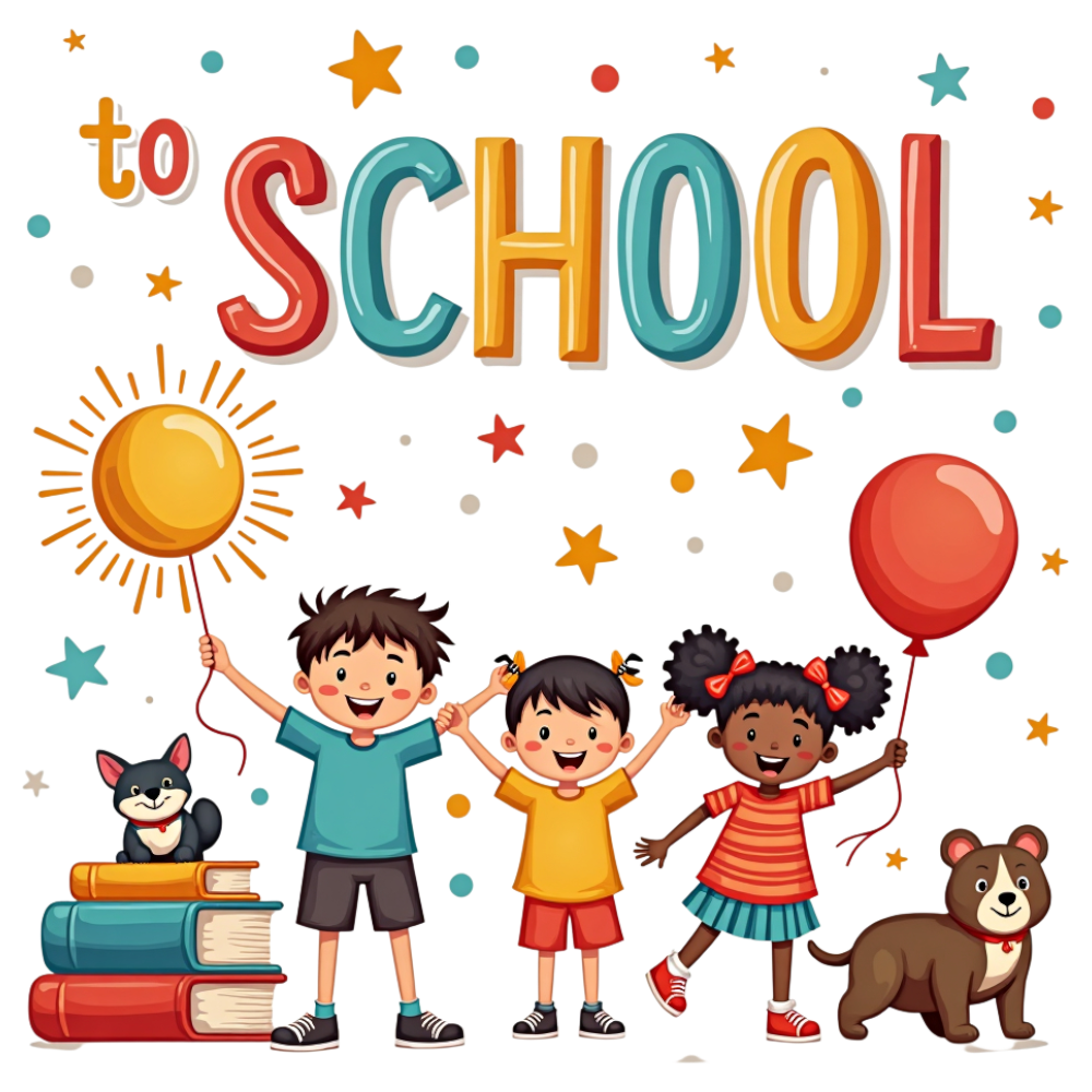 Joyful Diverse Children's First Day of School with Books, Balloons & Pups - National Skip School Day 3