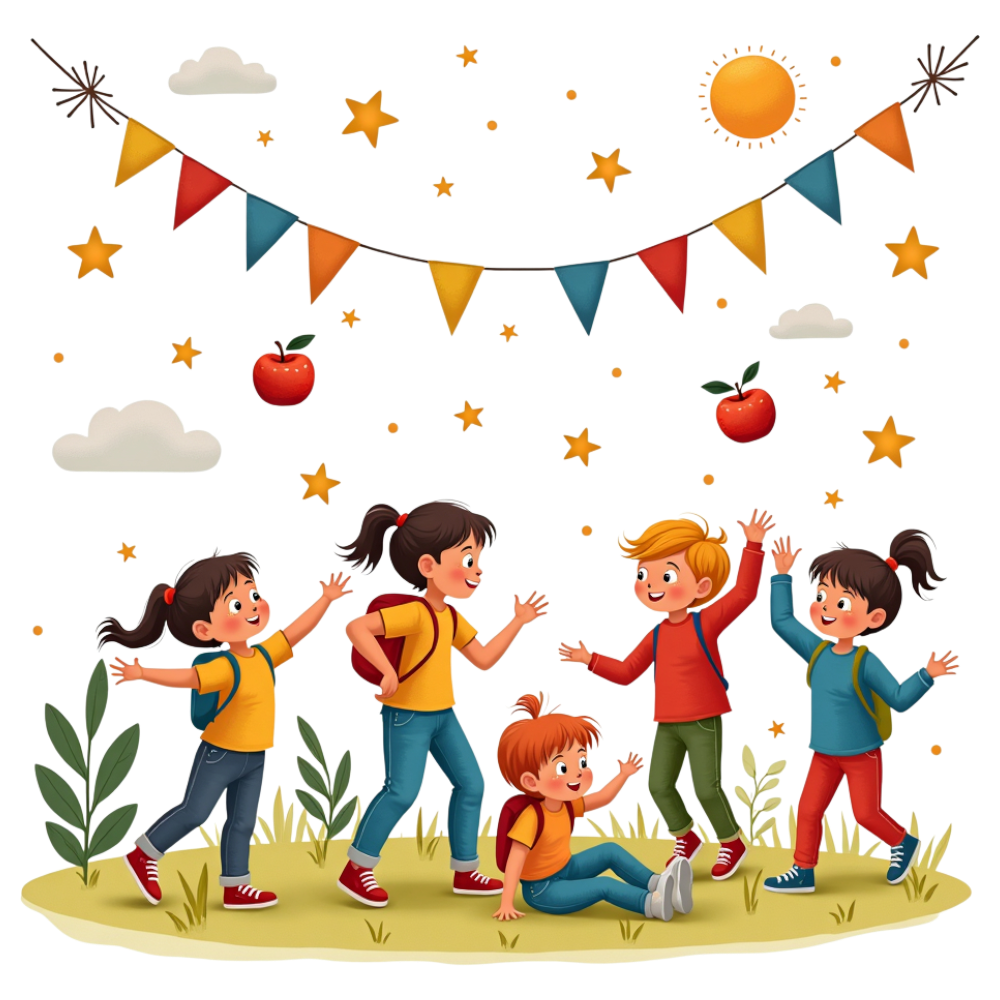 Cheerful Kids Playing Outdoors: Festive Banners, Apples & Stars for Education & Childhood Fun - National Skip School Day 6