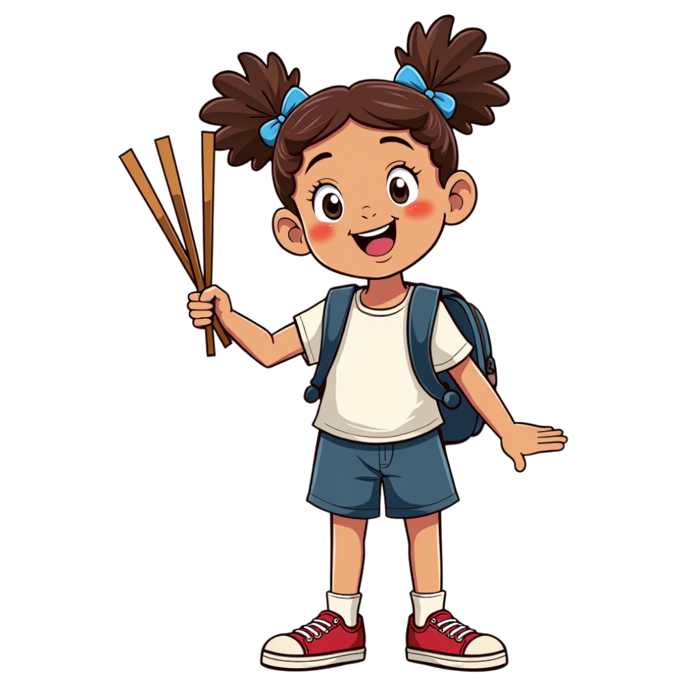 Little Girl Cartoon Character with Backpack Holding Sticks, Playful Learning - National Skip School Day 7