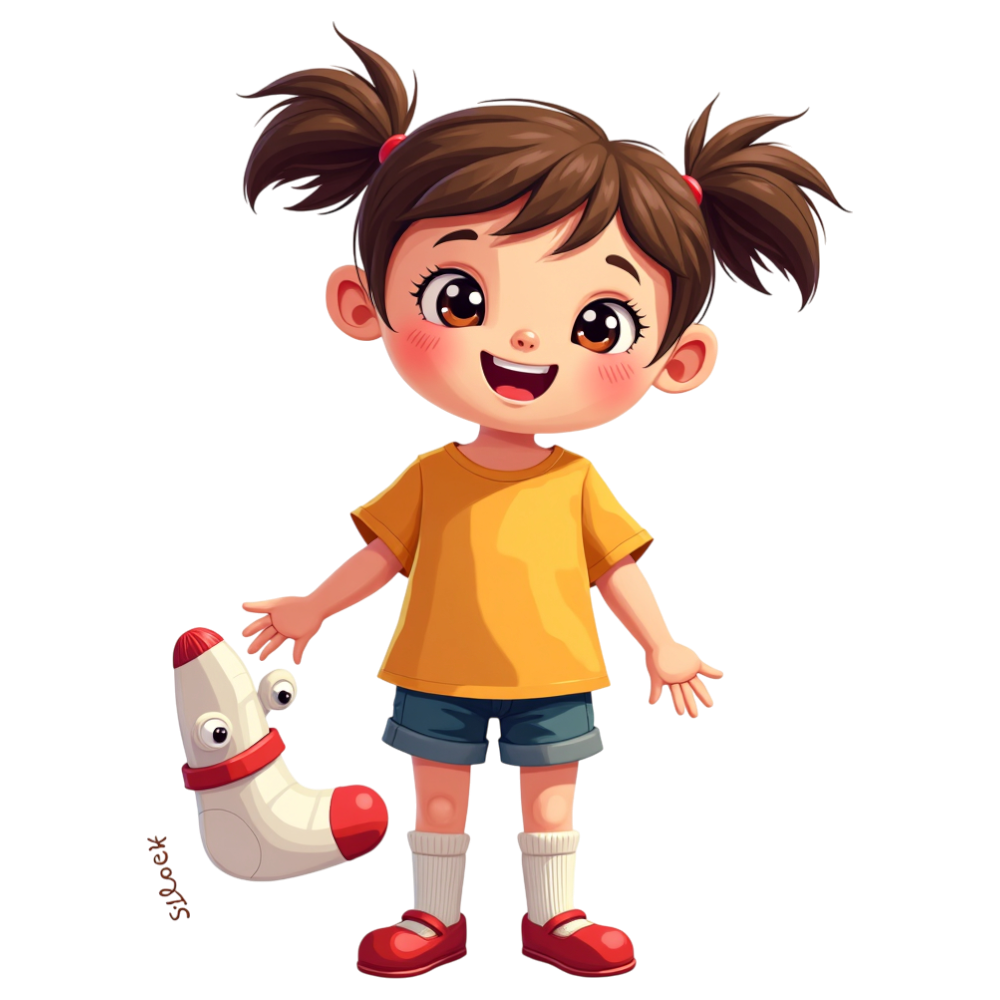 Happy Cartoon Girl with Sock Puppet Illustration. Cheerful Young Child Character with Toy. - National Sock Day 11