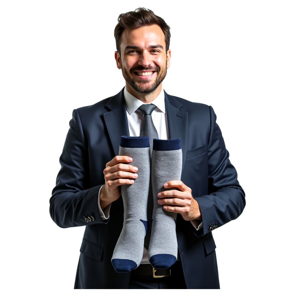 Smiling Professional Man in Business Suit Holds Up a Pair of Socks, Black Background - National Sock Day 13