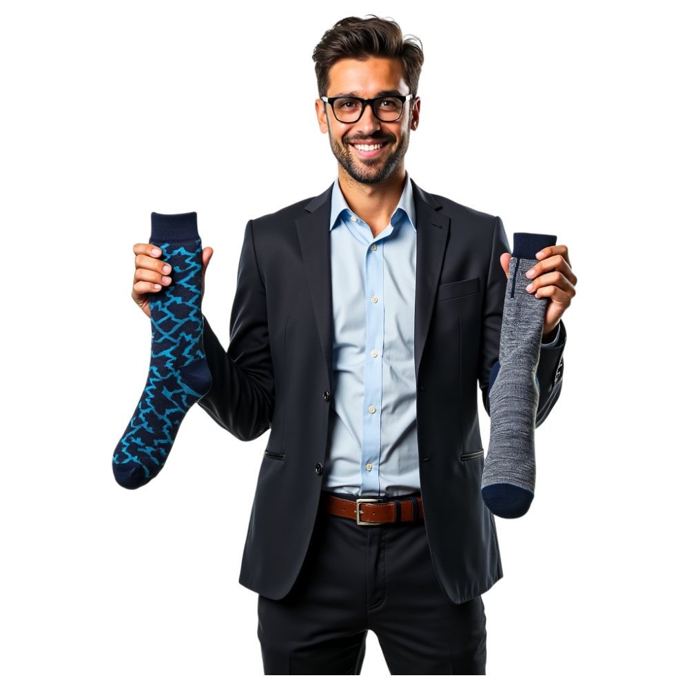 Smiling Man in Suit Presents Two Different Socks, Fashion Choice & Apparel Options - National Sock Day 14