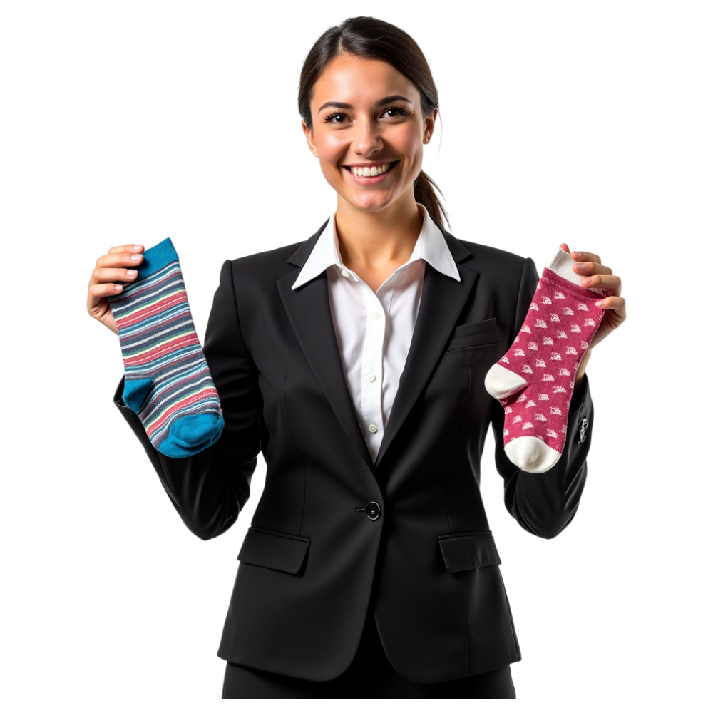 Smiling Woman in Suit Holds Striped and Patterned Socks - National Sock Day 5