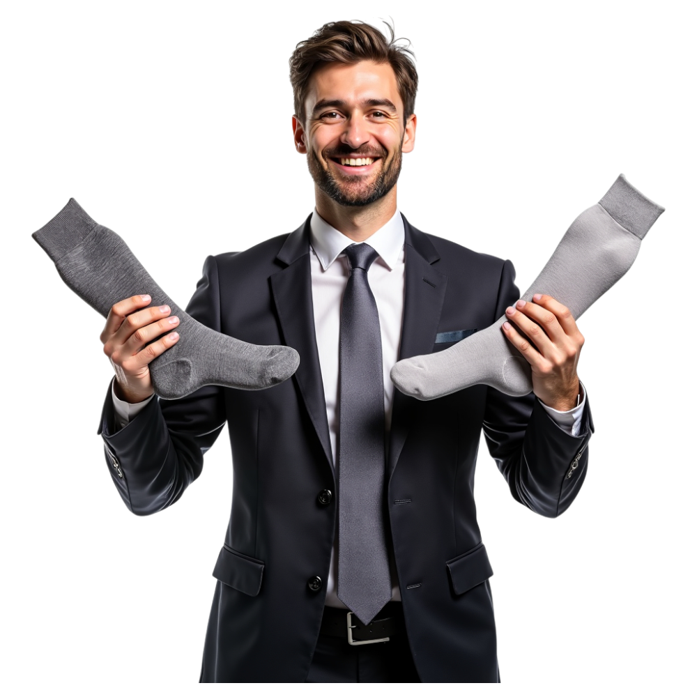 Professional Man in Suit Smiling and Holding Two Grey Socks Against Dark Background - National Sock Day 6