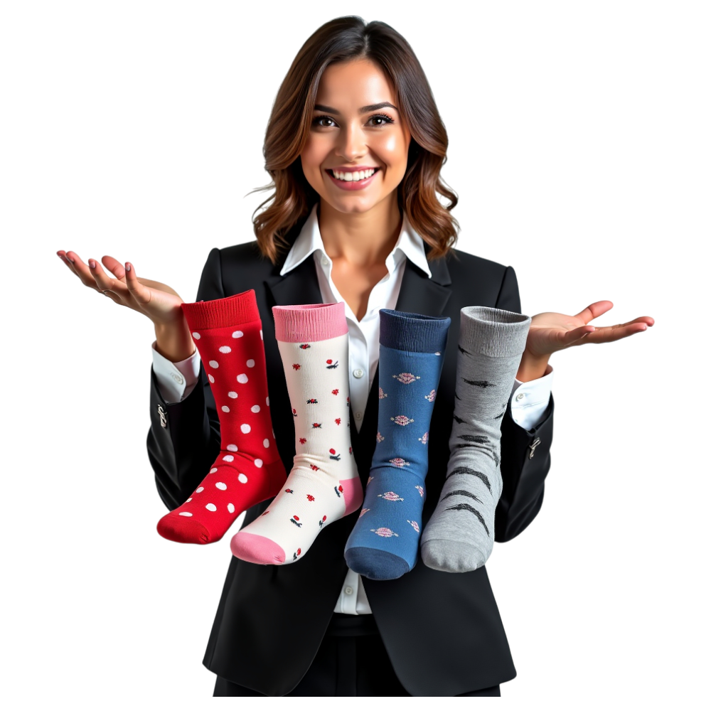 Smiling Woman Displaying Colorful Patterned Socks. Fashion, Style & Apparel Choices. - National Sock Day 8