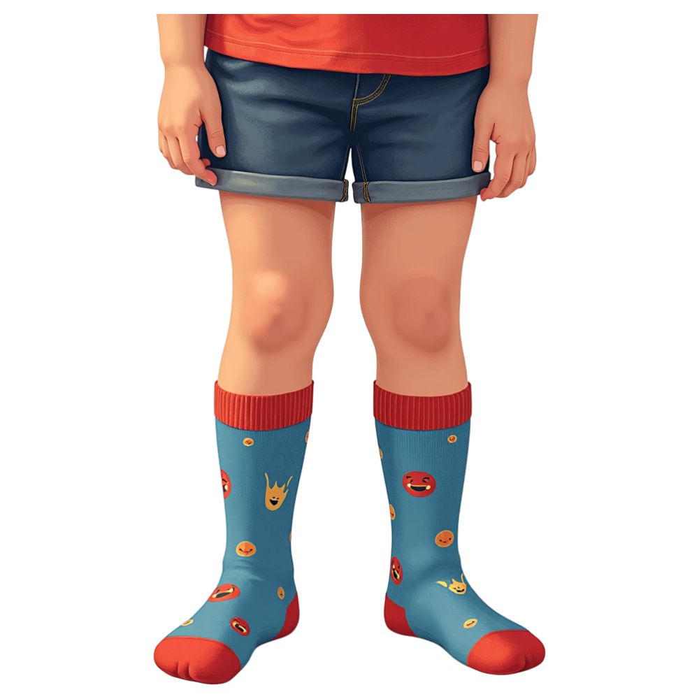 Child's Legs in Fun Blue Emoji Socks and Denim Shorts - National Sock Day 9